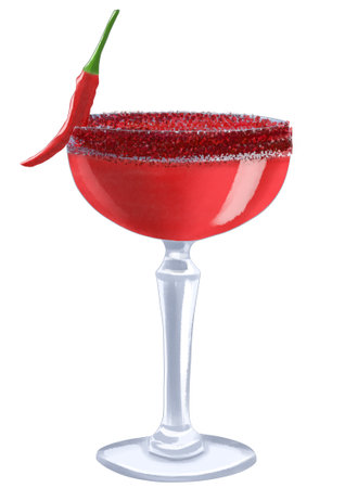 Red cocktail with chili pepper isolated on white background. Watercolor illustrationの写真素材