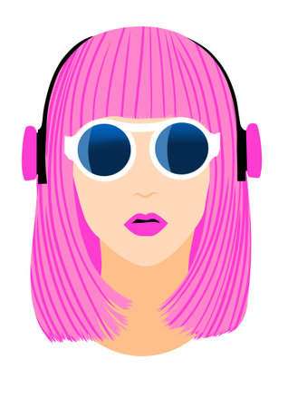 Girl with pink hair and headphones. Vector illustration in flat style.の写真素材