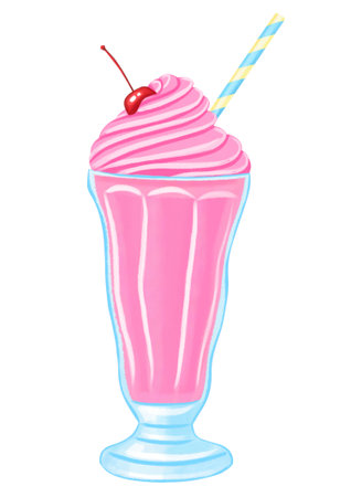 Milkshake in a glass on a white background. Hand drawn watercolor illustration.の写真素材