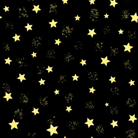 Seamless pattern with glitter golden stars on black background.の写真素材