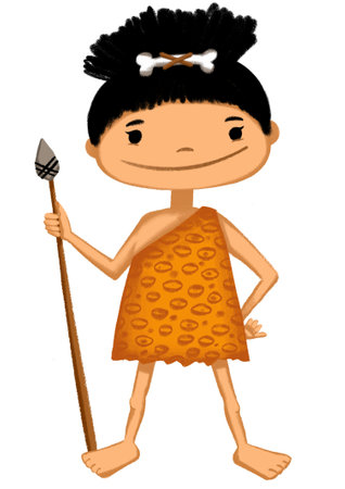 Cute cave girl, little caveman, cartoon hand drawn illustration, isolated. Children design