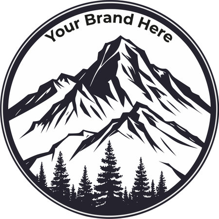 Illustration of a snow capped mountain with pine trees set inside circle on isolated backgroundのイラスト素材