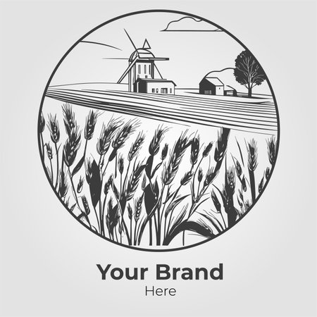Hand drawn sketch of a wheat field and windmill. Vector illustration.のイラスト素材