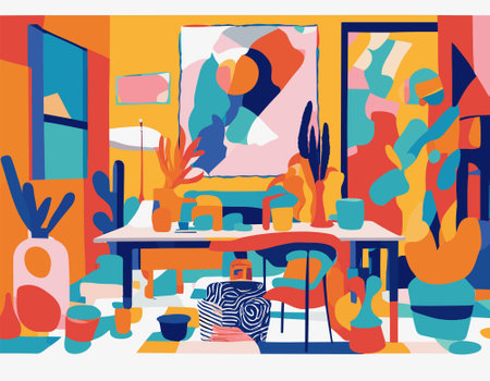 Modern interior of living room with furniture and plants. Vector illustration in flat styleのイラスト素材