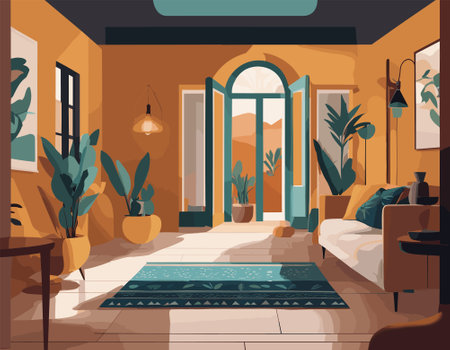 Interior of living room in flat style. Vector illustration of a cozy room.のイラスト素材
