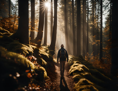 Hiker walking in the autumn forest. Travel and wanderlust conceptの素材