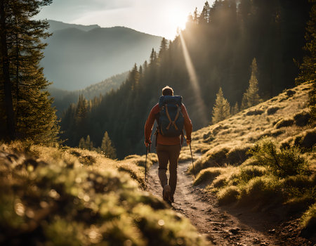 Hiker with backpack walking on a trail in the mountains at sunsetの素材