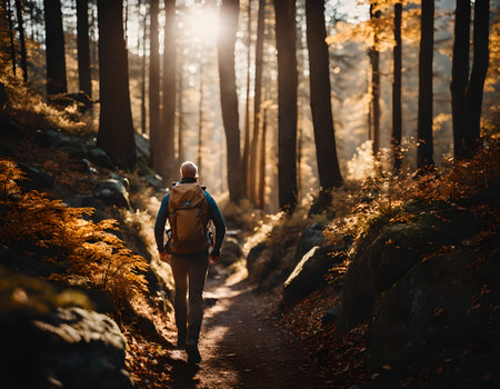 Hiker with backpack on the trail in the autumn forest at sunset.の素材