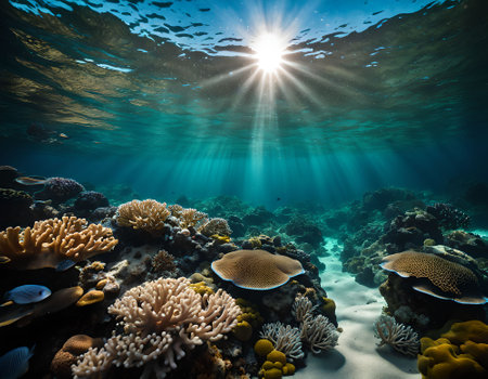 Underwater view of coral reef with fishes and sunlight. Tropical backgroundの素材
