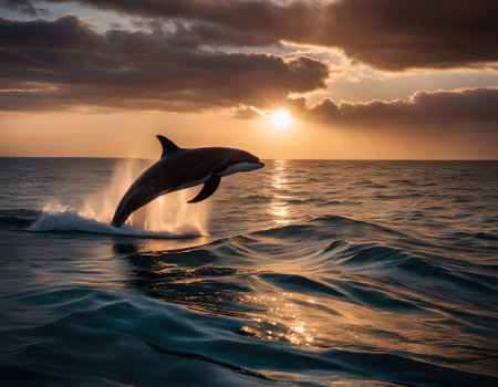 Dolphin jumping out of the water at sunset. Toned.の素材