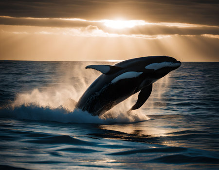 Humpback whale jumps out of the water on a beautiful sunsetの素材