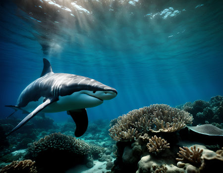 Picture shows a great white shark at the bottom of a tropical coral reefの素材