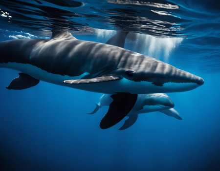 Whales swimming in the blue ocean. Shot in a deep blue ocean.の素材