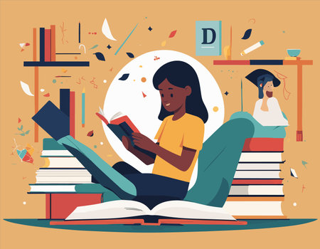 Vector illustration of a girl reading a book on the background of bookshelvesのイラスト素材
