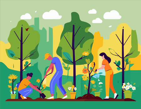 Gardening concept. Flat vector illustration of people working in the garden.のイラスト素材