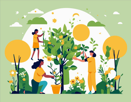 Flat vector illustration. People caring for the trees in the garden.のイラスト素材