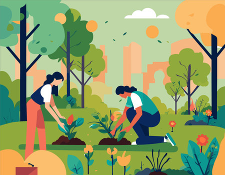 Gardening flat design concept. Woman planting flowers in the garden.のイラスト素材