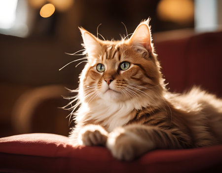 Portrait of beautiful Maine Coon cat lying on sofa at homeの素材