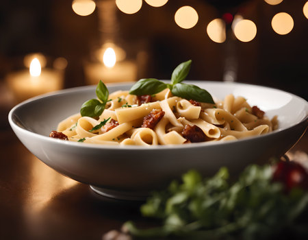 Tasty appetizing classic Italian pasta with a delicious sauce and basil.の素材