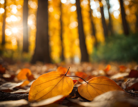 Autumn background with yellow leaves and sun rays. Beautiful fall scene.の素材