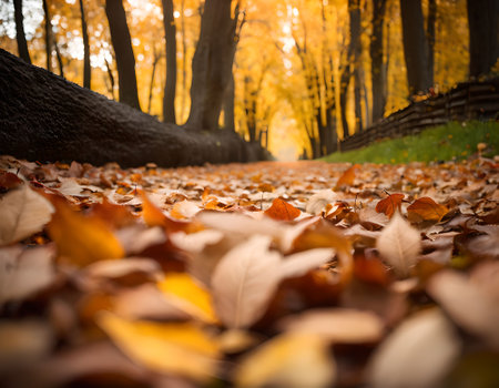 Autumn leaves on the ground in park. Selective focus.の素材