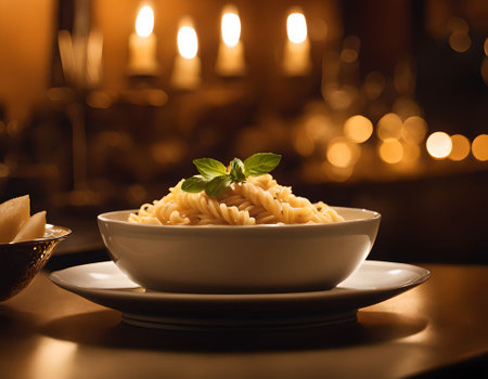 pasta with basil in a bowl on a table in a restaurantの素材
