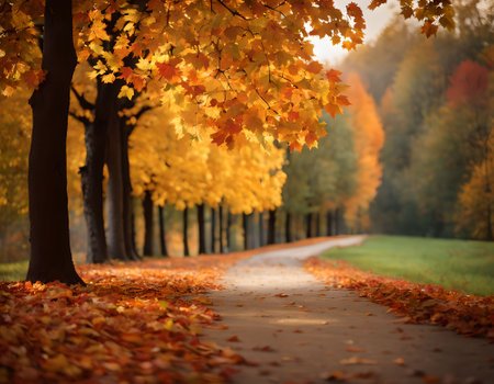 Autumn road in the park. Beautiful autumn landscape with road and treesの素材