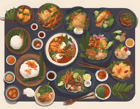 Set of Asian cuisine top view. Noodles, noodles, shrimps, fish and vegetables. Vector illustration in flat styleの素材