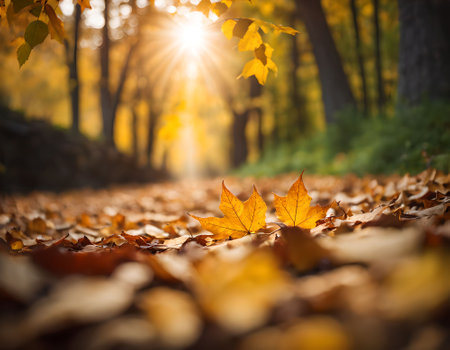 Autumn leaves on the ground with sunbeams in the backgroundの素材