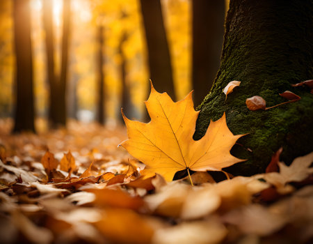 Maple leaves in the autumn forest with sun rays and bokehの素材
