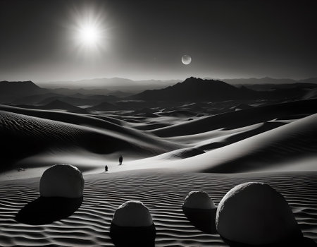 Desert landscape with sand dunes and moon. 3d renderingの素材