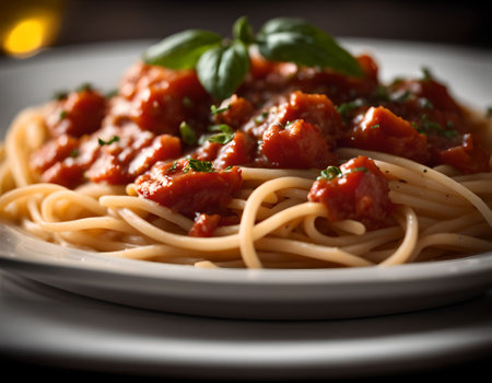 Spaghetti with tomato sauce and basil on a white plate. Selective focus.の素材