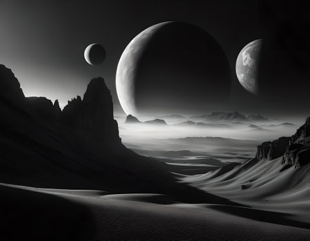 Fantasy alien planet. Mountain. 3D illustration. Moon.の素材