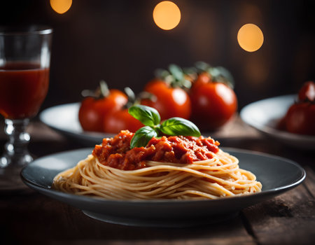 Spaghetti bolognese with tomato sauce and basil on dark wooden backgroundの素材