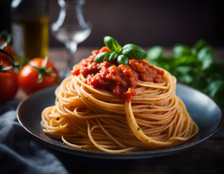 Spaghetti bolognese with tomato sauce and basil on wooden backgroundの素材