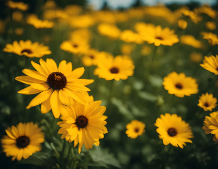 Yellow rudbeckia flowers on a meadow. Selective focus.の素材