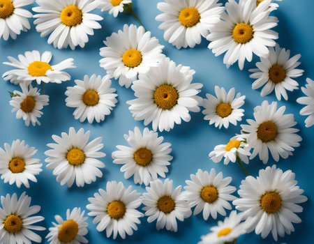 Beautiful chamomile flowers on color background, top viewの素材