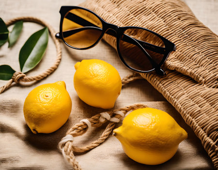 Lemons and sunglasses on a wooden background. Selective focus.の素材