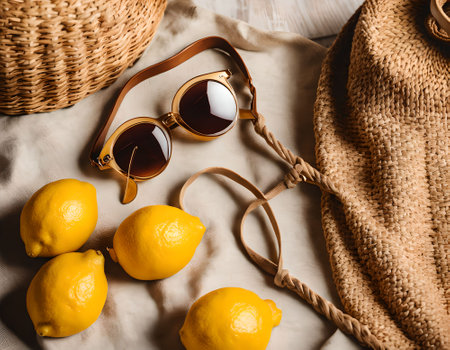 Stylish sunglasses, bag and lemons on wooden table, top viewの素材