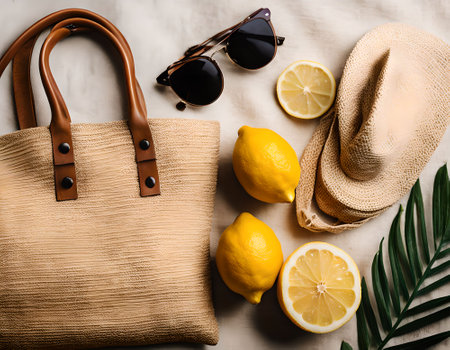 Beach bag, sunglasses, lemons and palm leaf on white backgroundの素材