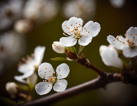 White flowers on a branch of a blossoming cherry tree in springの素材