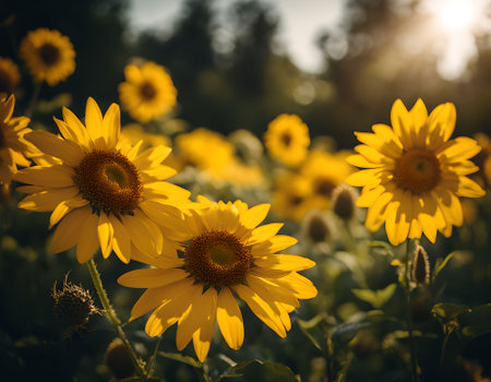Beautiful sunflowers blooming in the field at sunset.の素材
