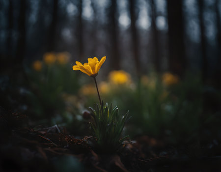 Yellow crocus flower in the dark forest. Early spring flowers.の素材