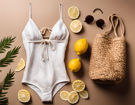 White swimsuit with a straw bag and lemons on a brown backgroundの素材