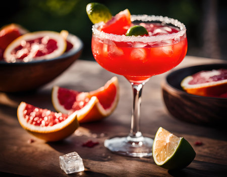 Alcoholic cocktail with grapefruit and lime on a wooden tableの素材