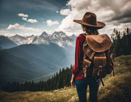 Young woman hiker with backpack and hat enjoying the view on the mountainsの素材