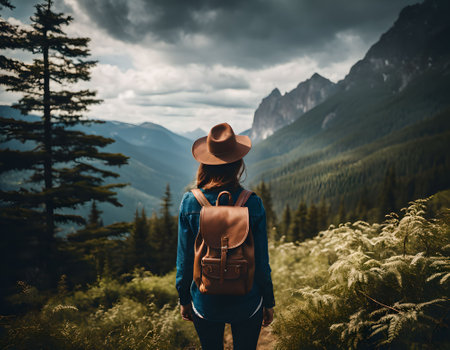 Woman with backpack hiking in the mountains. Travel and wanderlust concept.の素材