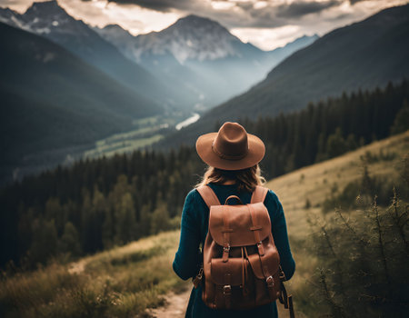 Young woman with backpack hiking in the mountains. Hiking concept.の素材