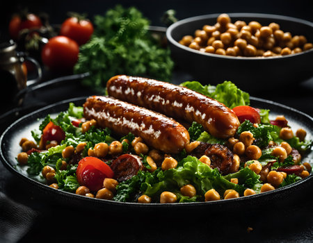 Grilled sausages with chickpeas, lettuce and cherry tomatoesの素材