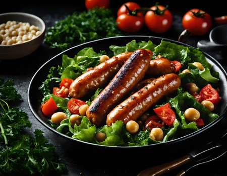 Grilled sausages with chickpeas and salad on black backgroundの素材